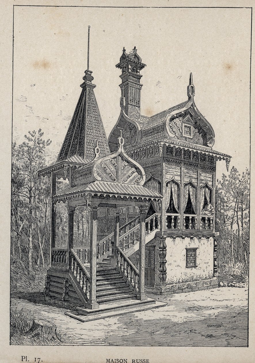 Ryskt hus - Ryskt hus - gravyr från 1889 i "Historia om mänskligt boende vid världsutställningen 1889, av Mr Charles GARNIER - Librairie centrale des beaux-arts Paris 1889 av Unknown artist