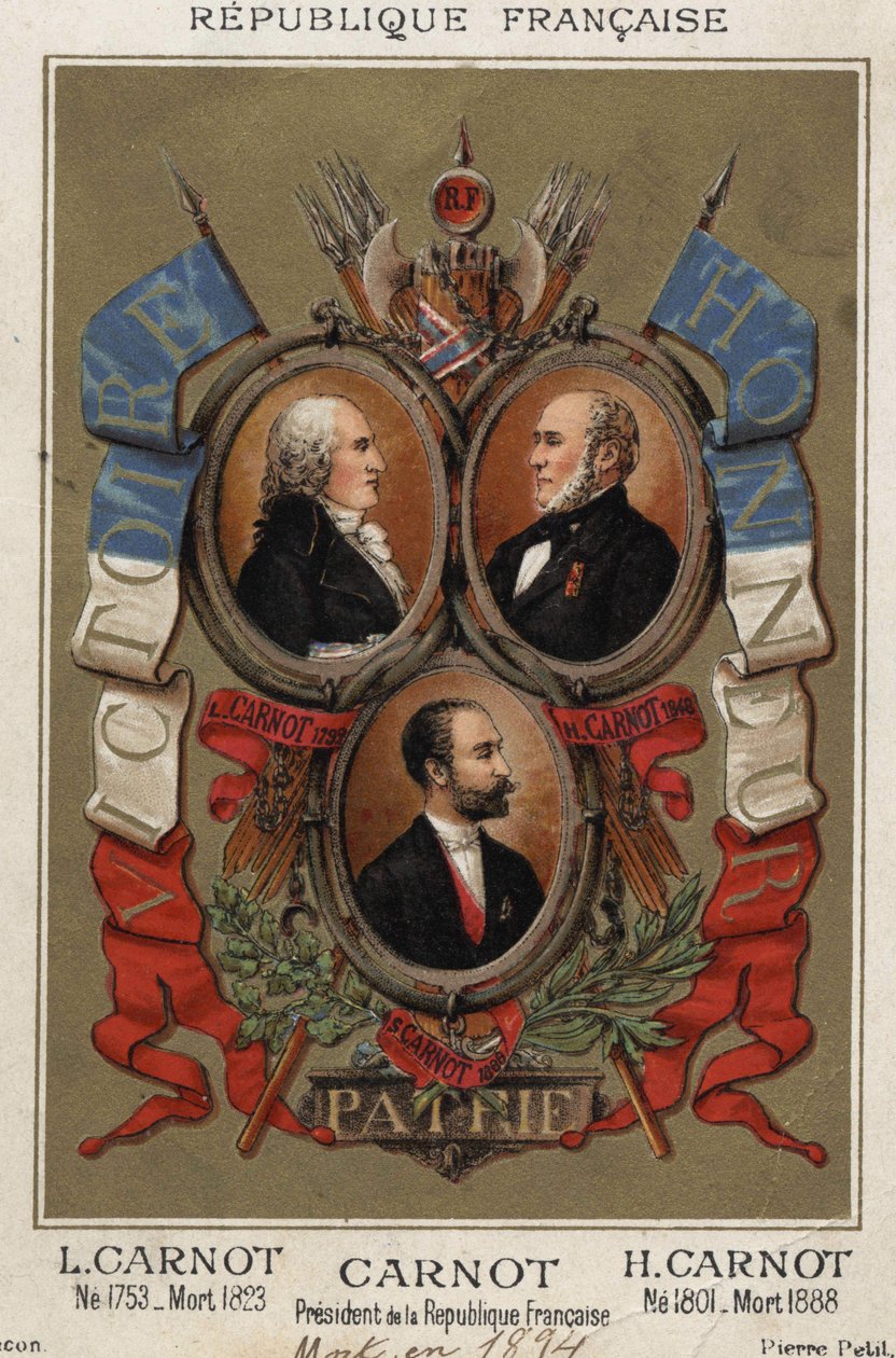 porträtt av Lazare Carnot fransk politiker (1753-1823), Hyppolite Carnot (1801 till 1888) och Sadi Carnots president i den franska republiken. av Unknown artist