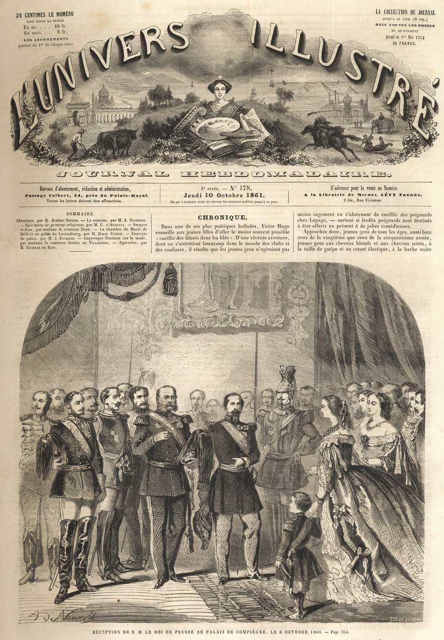 besök av Vilhelm, kungen av Preussen, hos Napoleon III, fransmännens kejsare, i Compiegne, Frankrike 1861 - Besök av Vilhelm I av Preussen (1797-1888) i Compiegne i närvaro av Napoleon III - Gravyr från "" illustrerande universum” av Unknown artist