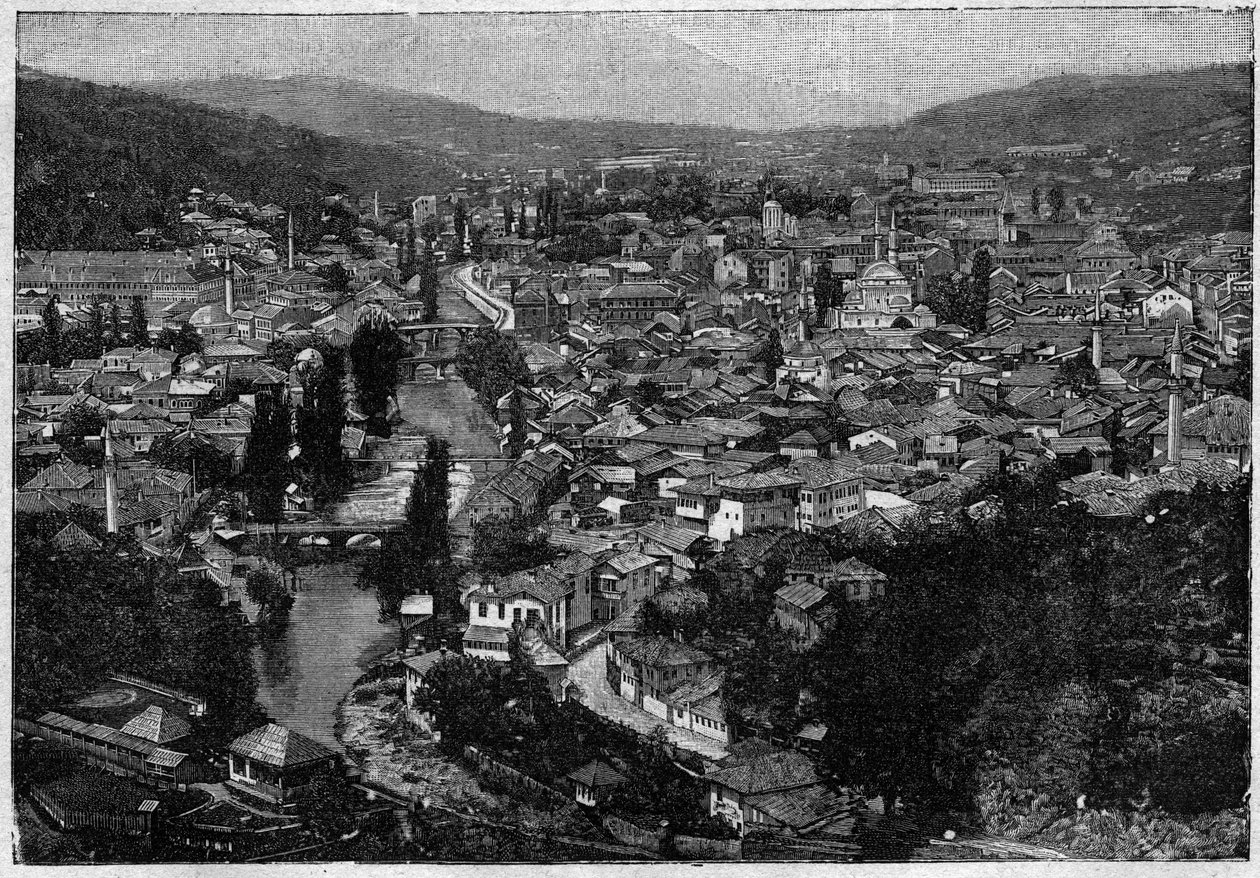 utsikt över staden Sarajevo 1894 - utsikt över staden Sarajevo 1894 - gravyr av Unknown artist