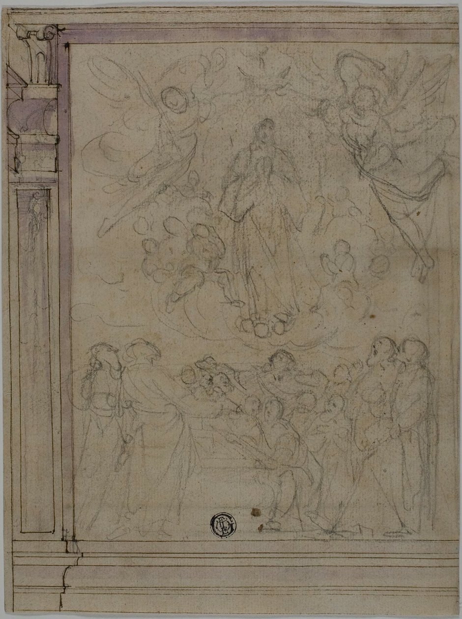 Jungfru Marie himmelsfärd (recto); Skisser av arkitektoniska detaljer (verso) av Unknown Florentine