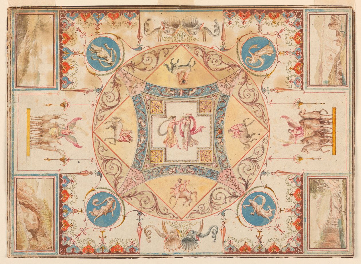 Tak i Hadrianus villa, med nymfer, kentaurer, hjortkar och elefanter av Unknown, Italian