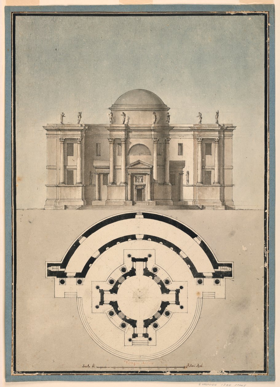 Design för ett klassiskt tempel med en Tempietto och halvcirkelformad Aedicule av Unknown, Italian