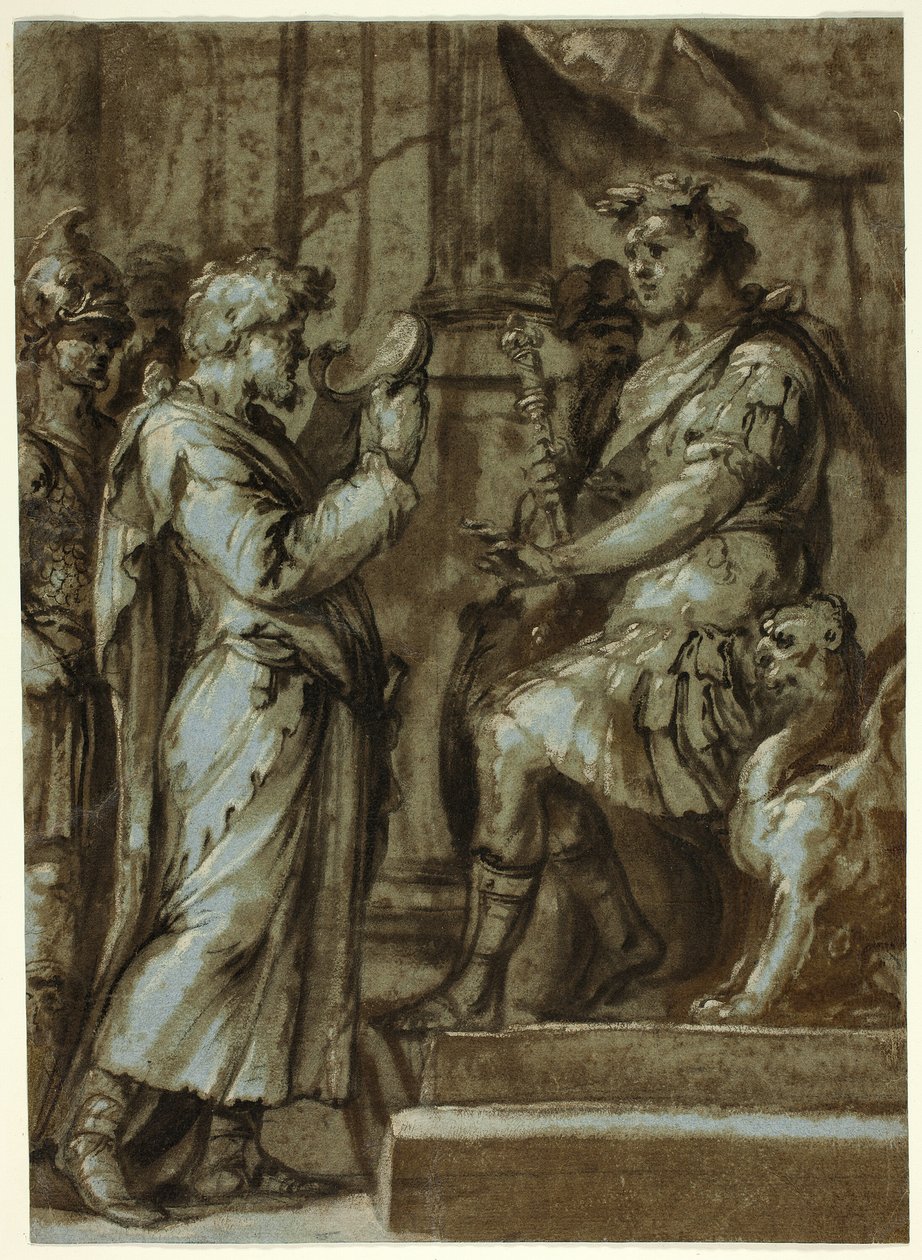 Magiker som ger en förutsägelse till en kejsare (recto); Manlig naken som bär en last (verso) av Unknown Italian