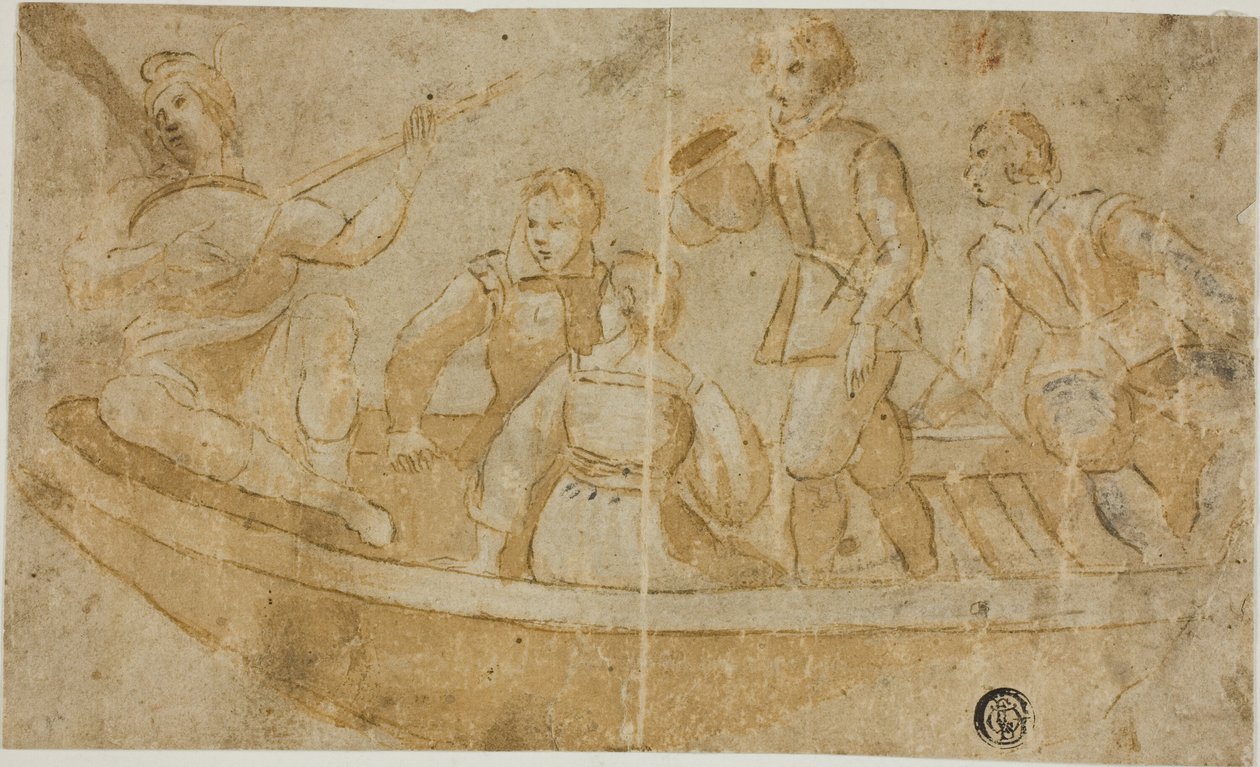 Tre män, en kvinna och en luttrad spelare i båt av Unknown Italian