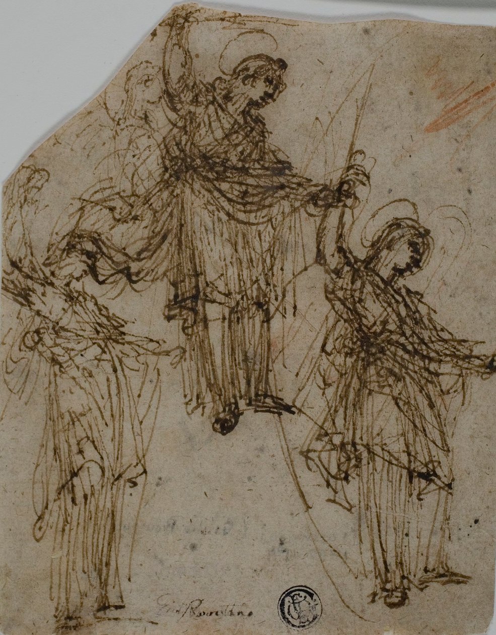 Skisser av ett stående helgon som håller i ett svärd (recto); Skisser av figurer och huvuden (verso) av Unknown Lombard