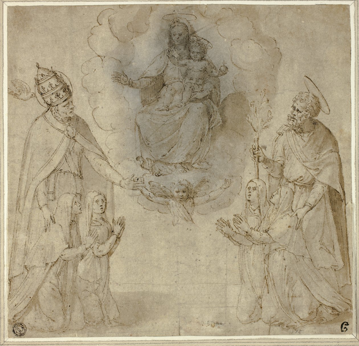 Jungfru Maria med barnet framför helgonet Fabianus (eller Gregorius den store) och Josef av Unknown Sienese