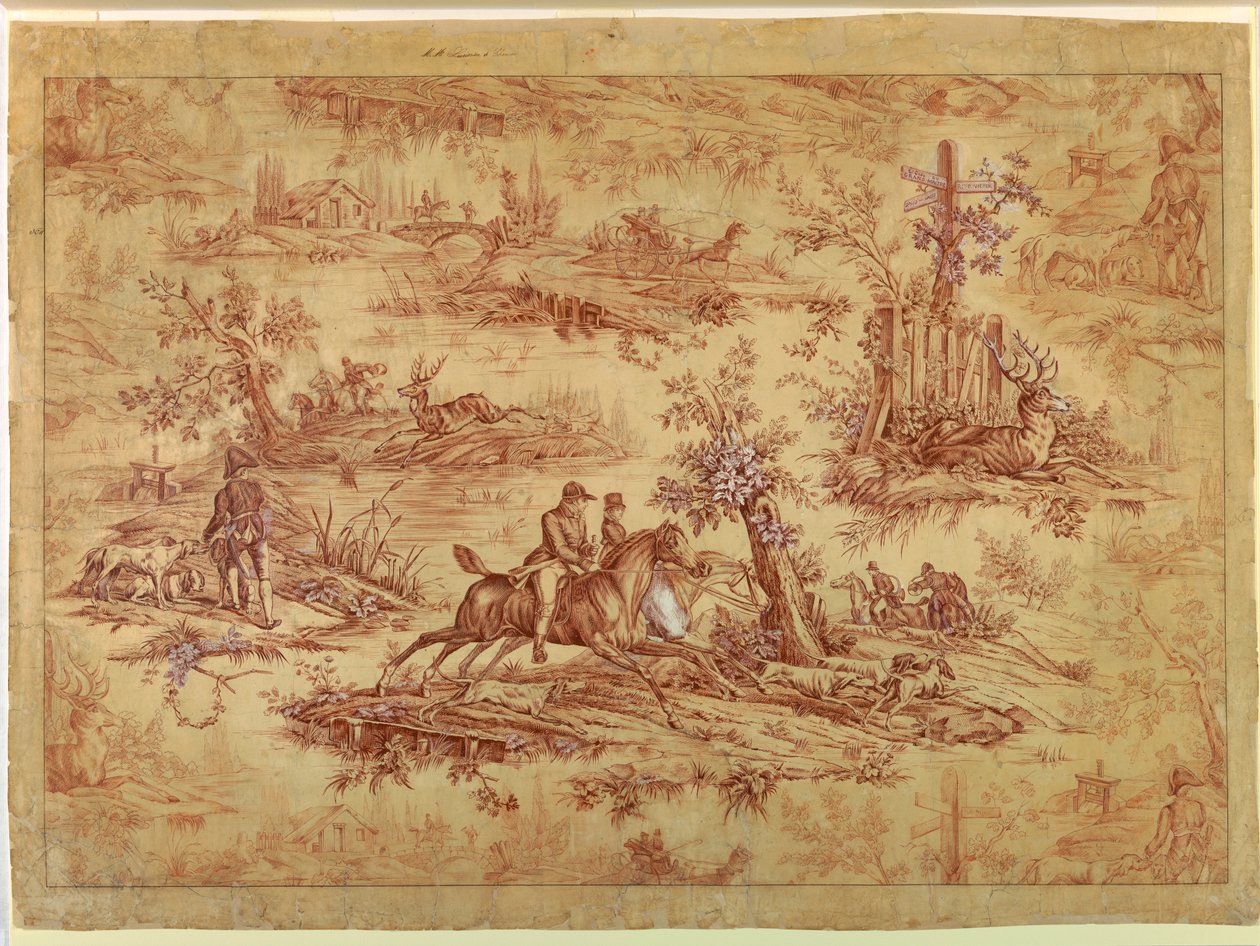 Teckning, Cartoon för tryckt bomullstextil, La Route de Jouy, efter 1815 av Unknown artistUnknown artist