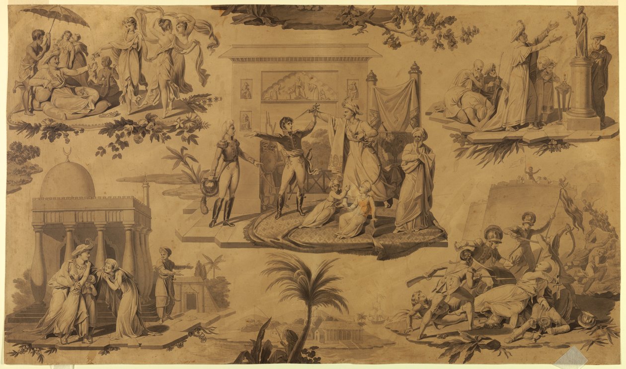 Teckning, Tecknad serie för tryckt bomullstextil: Fransmännen i Egypten [Les Francais en Egypte], ca 1815 av Unknown artistUnknown artist
