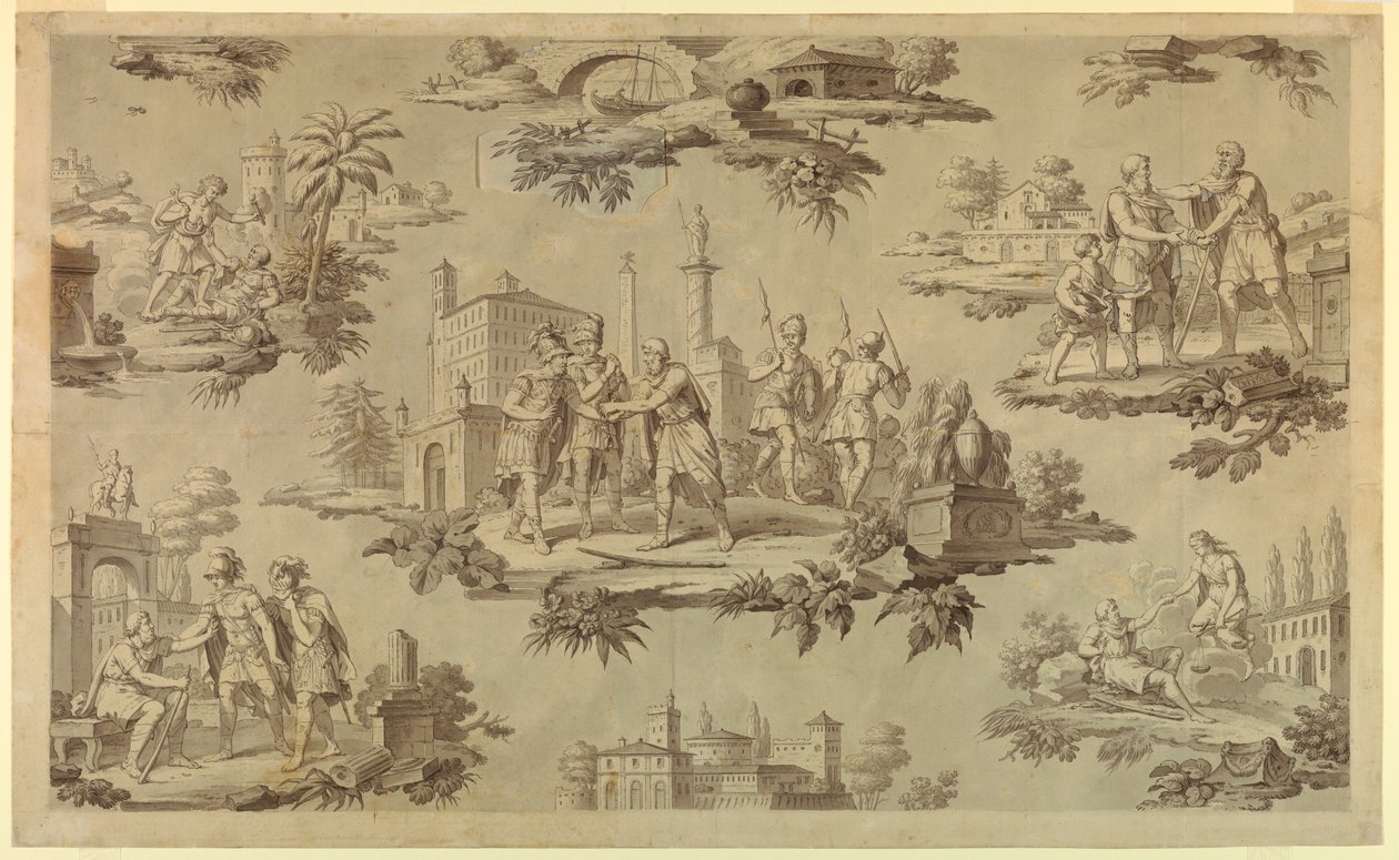 Teckning, Karikatyr för bomullstryck: Belisaires liv [La Vie de Bélisaire], ca 1820 av Unknown artistUnknown artist