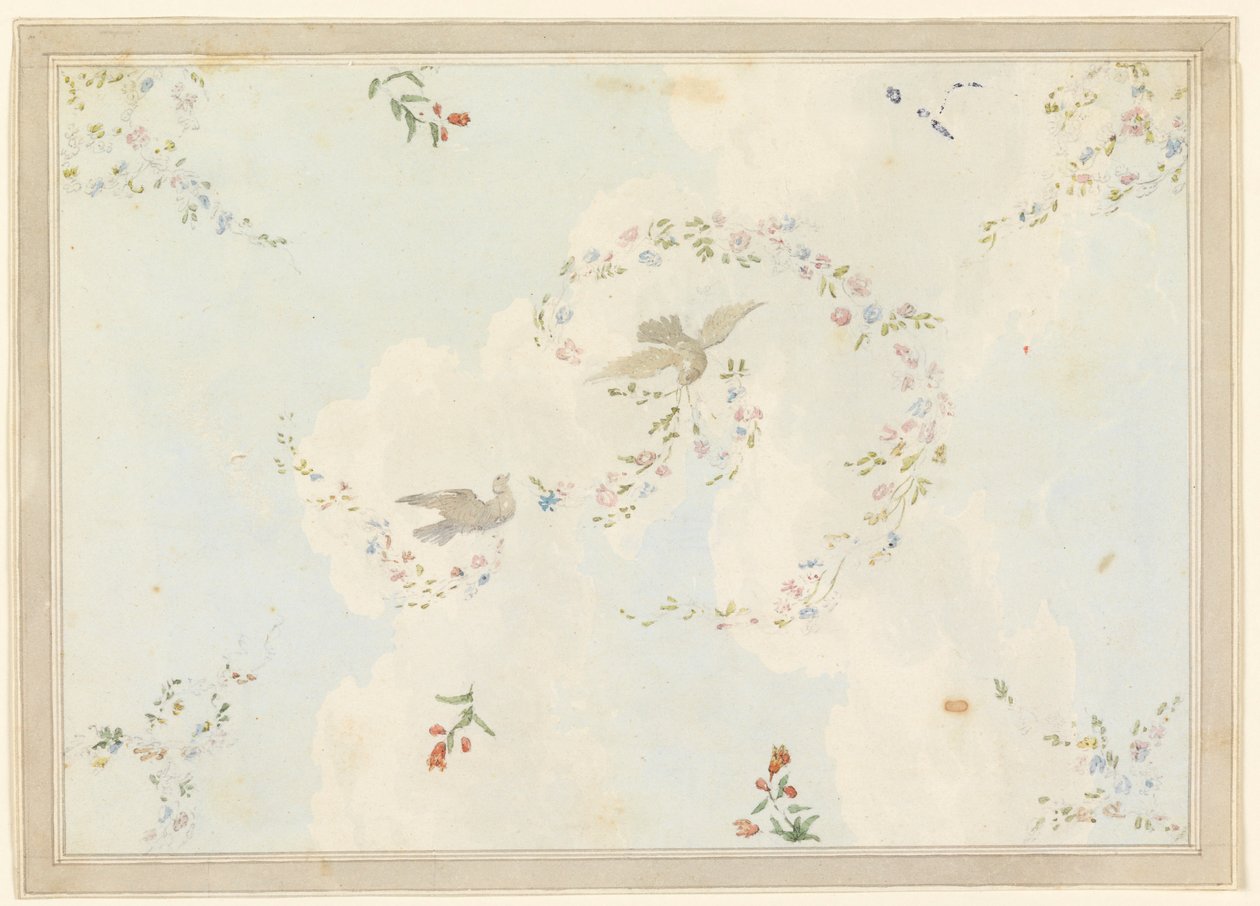 Ritning, takdekor med duvor och blomstergirlanger, möjligen till entréhallen, 1815-22 av Unknown artistUnknown artist