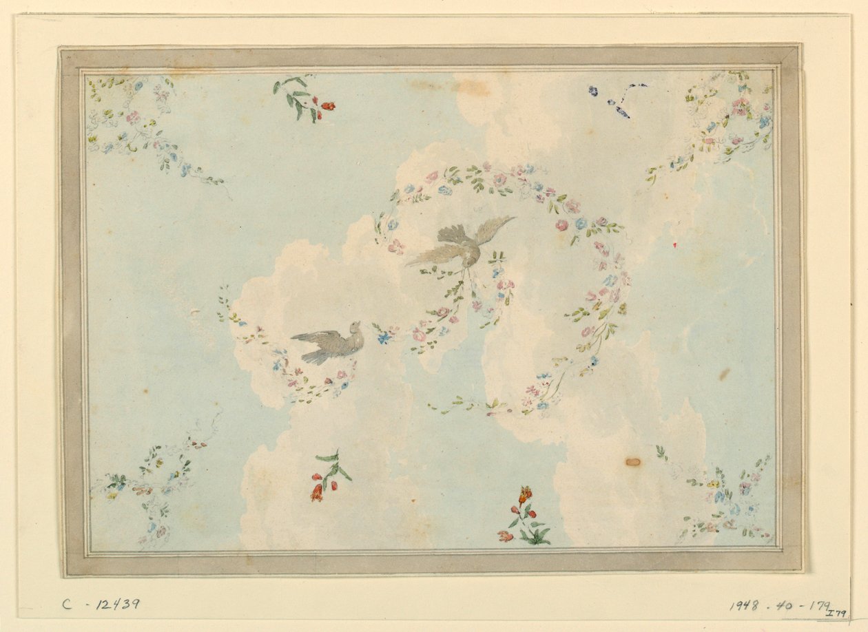 Ritning, takdekor med duvor och blomstergirlanger, möjligen till entréhallen, 1815-22 av Unknown artistUnknown artist