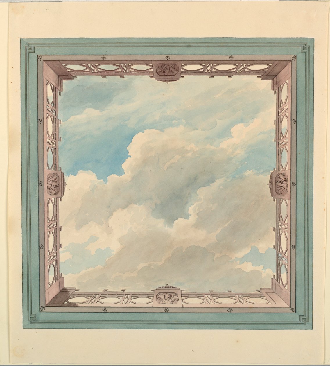 Teckning, takdesign med balkong och öppen himmel, möjligen för vinterträdgård, musikrum eller matsal, ca 1820 av Unknown artistUnknown artist