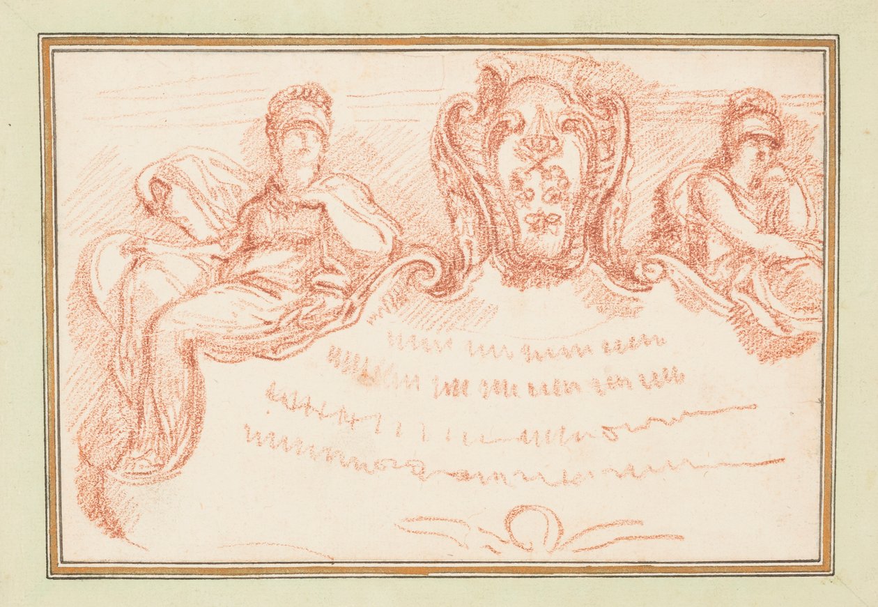 Ritning, takdetalj med två sittande figurer och vapensköld, ca 1759-70 av Unknown artistUnknown artist