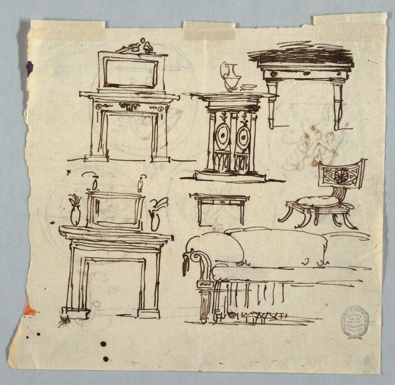 Ritning, skorstensbitar, möbler och takmedaljong, 1790-1810 av Unknown artistUnknown artist