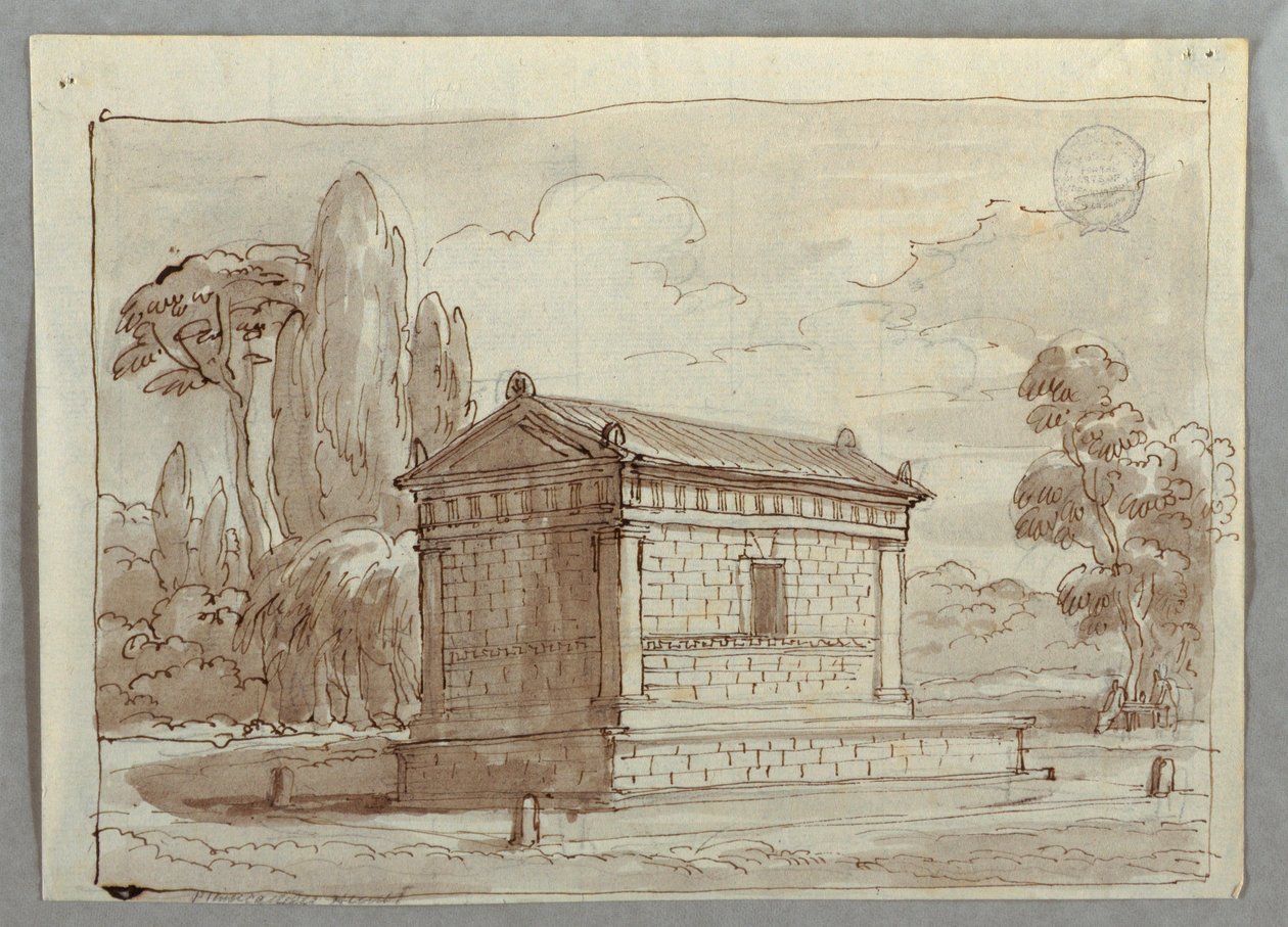 Teckning, Klassiskt tempel i landskap, ca 1805 av Unknown artistUnknown artist