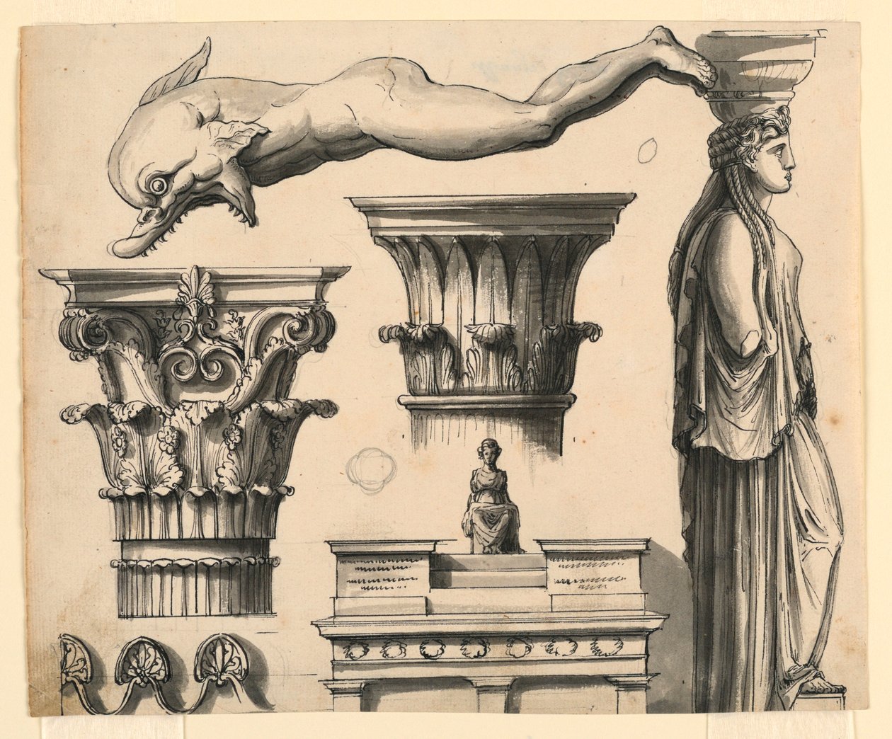 Ritning, Klassiska och pseudoklassiska arkitektoniska detaljer, ca 1840 av Unknown artistUnknown artist