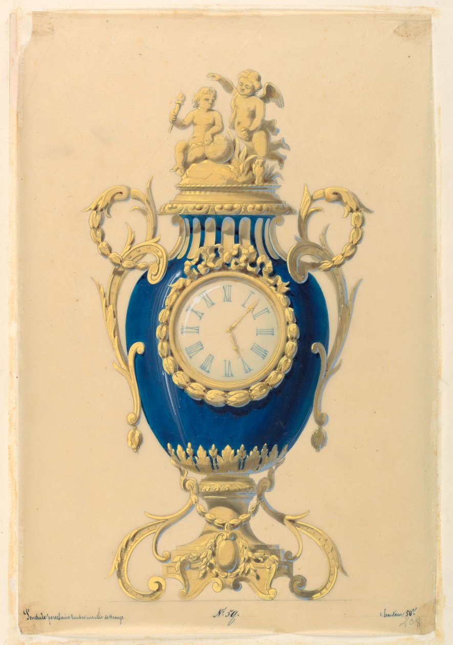 Ritning, Klocka i porslin, ca 1855 av Unknown artistUnknown artist