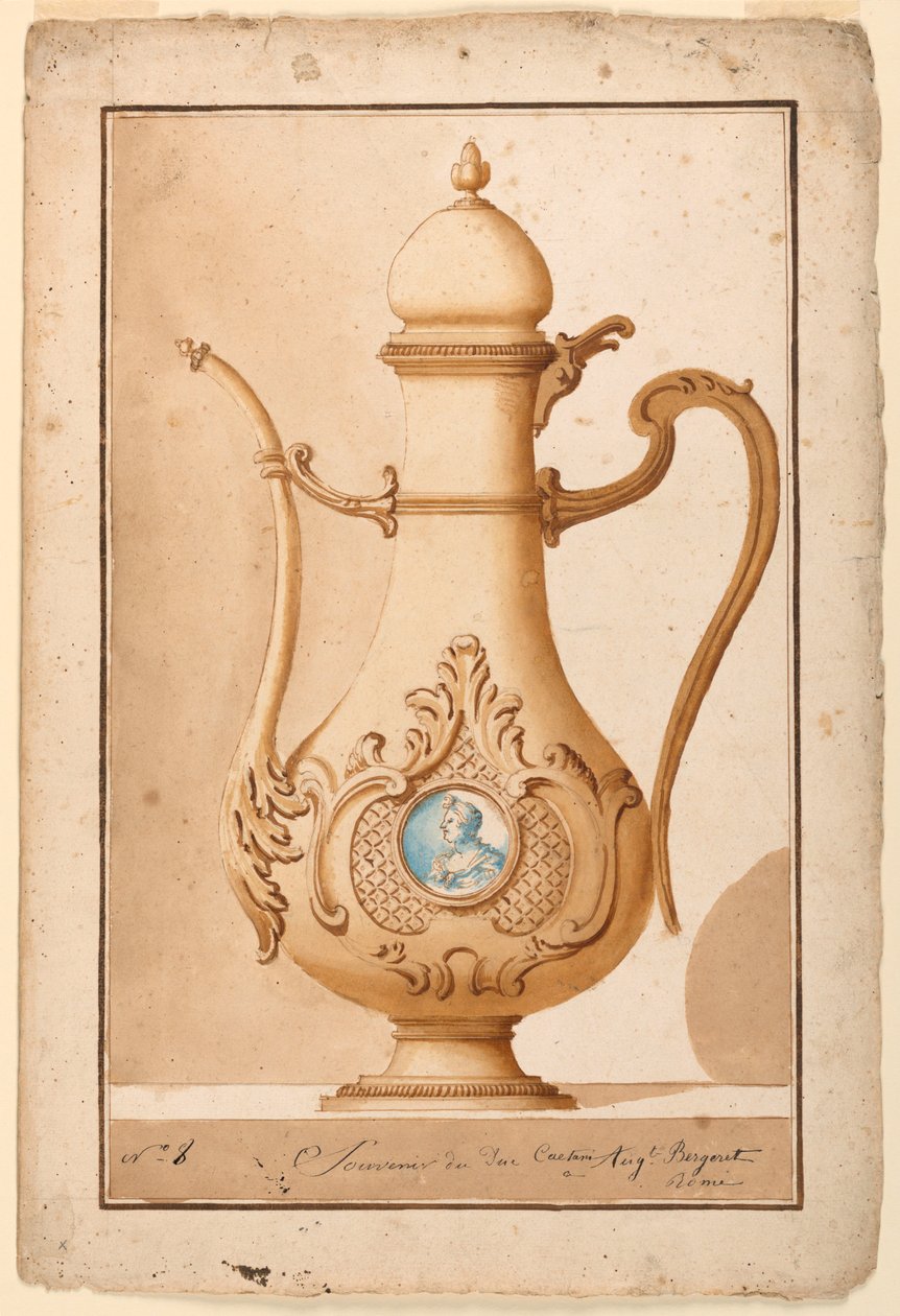 Ritning, Kaffekanna med emaljerad medaljong, 1700-1725 av Unknown artistUnknown artist