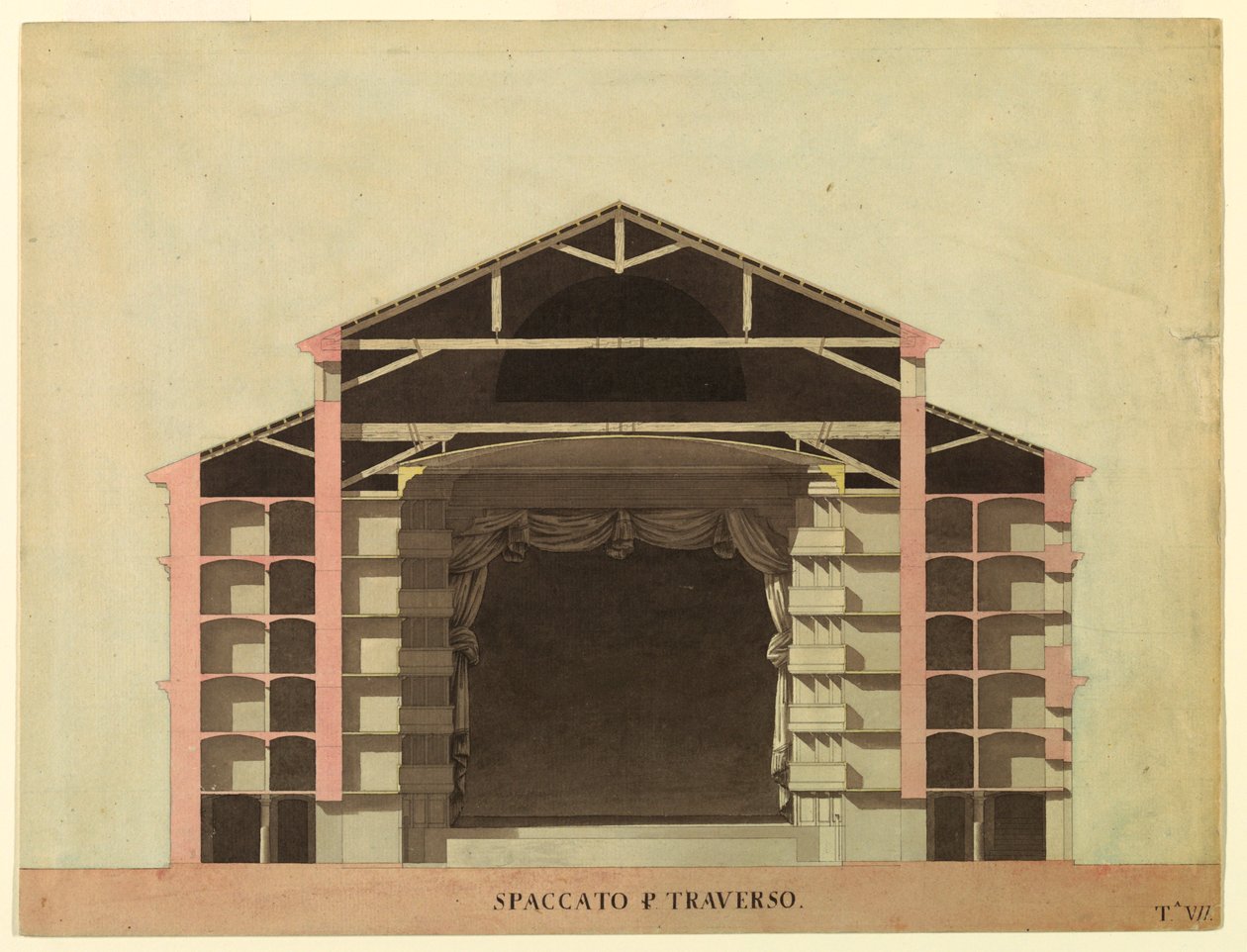 Ritning, tävlingsförslag för La Fenice, Venedig: Tvärsnitt, 1788 av Unknown artistUnknown artist