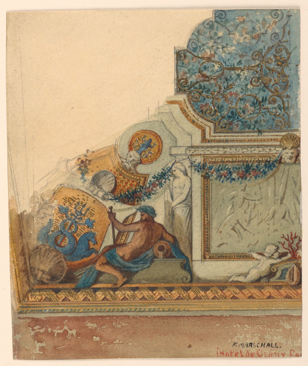 Ritning, hörndetalj av tak, Hotel de Cluny, Paris, ca 1885 av Unknown artistUnknown artist
