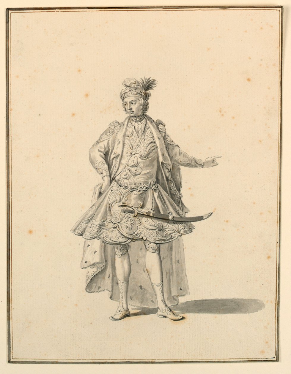 Teckning, kostymdesign: Persisk prins, för en scenproduktion designad av Giuseppe Galli Bibiena, 1719 av Unknown artistUnknown artist
