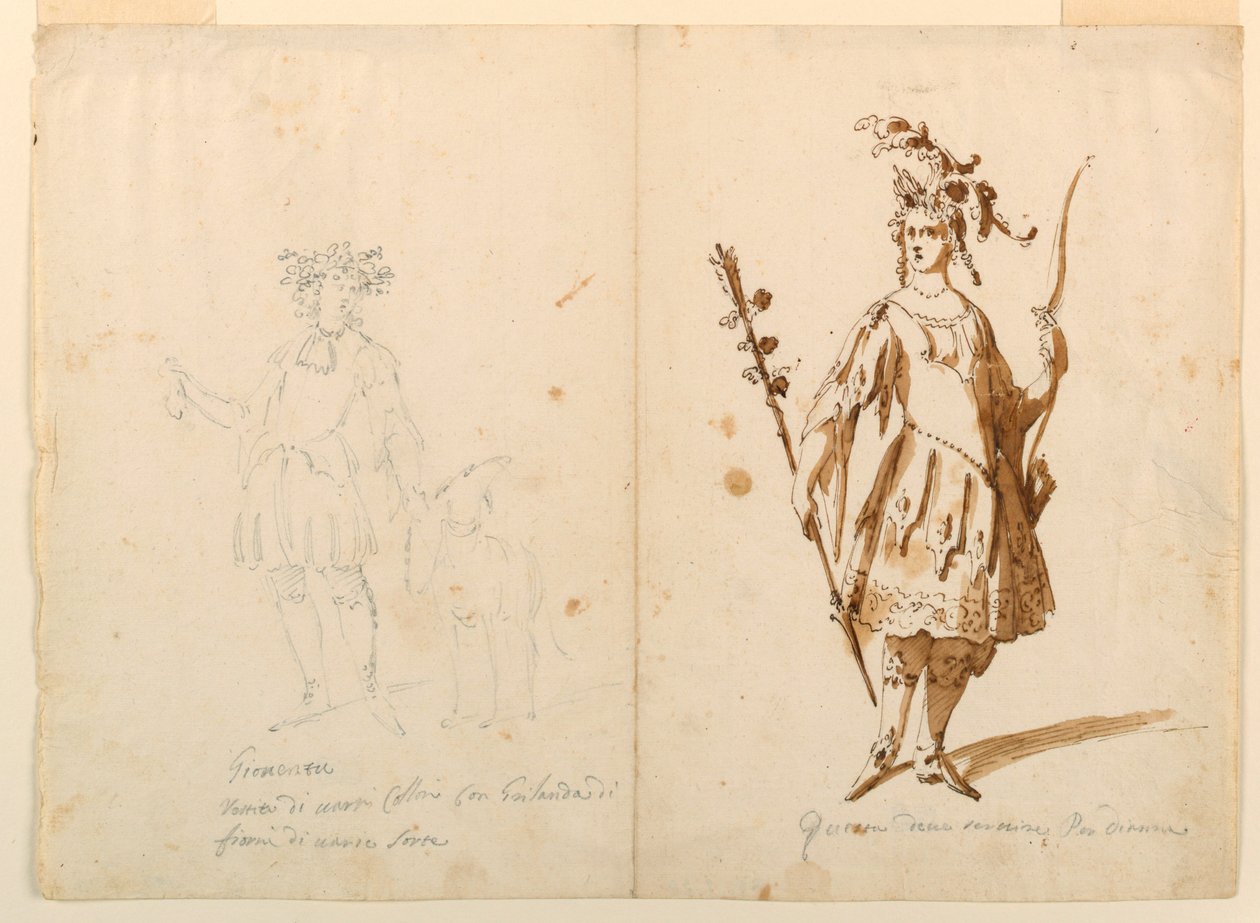 Teckning, Kostymdesign: Ungdom och Diana för en balett, ca 1720 av Unknown artistUnknown artist