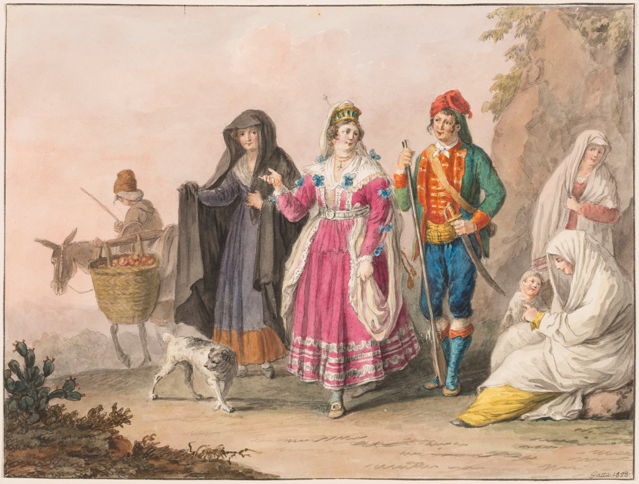 Teckning, Dräkter från Sicilien, 1828 av Unknown artistUnknown artist