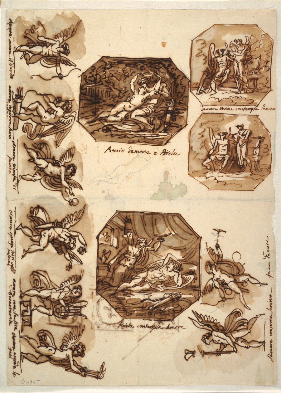 Teckning, Amor och Psyke: Fyra oktagoner och åtta teckningar av Amor, 1810-15 av Unknown artistUnknown artist