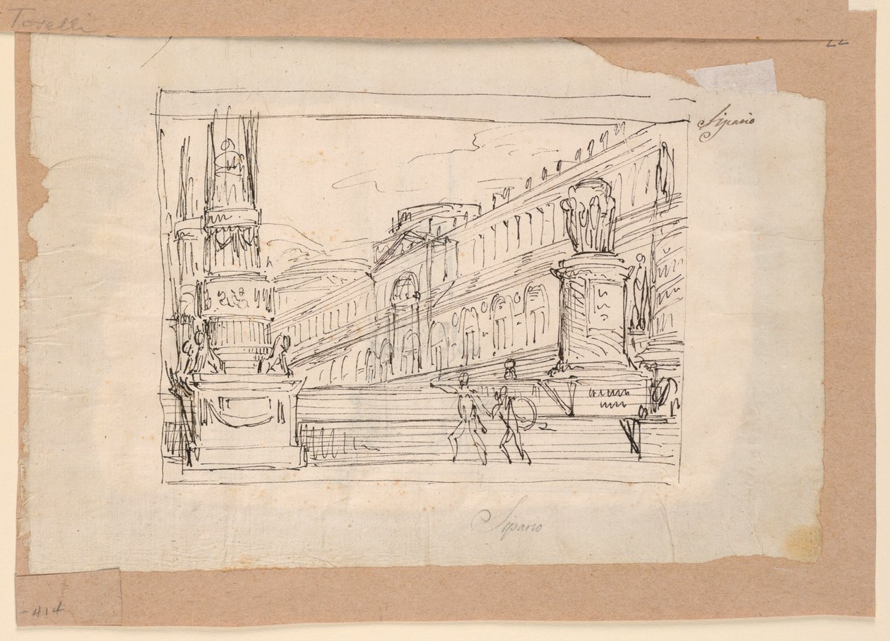 Teckning, gardinskiss, soldater vid en trappa, tidigt 1800-tal av Unknown artistUnknown artist