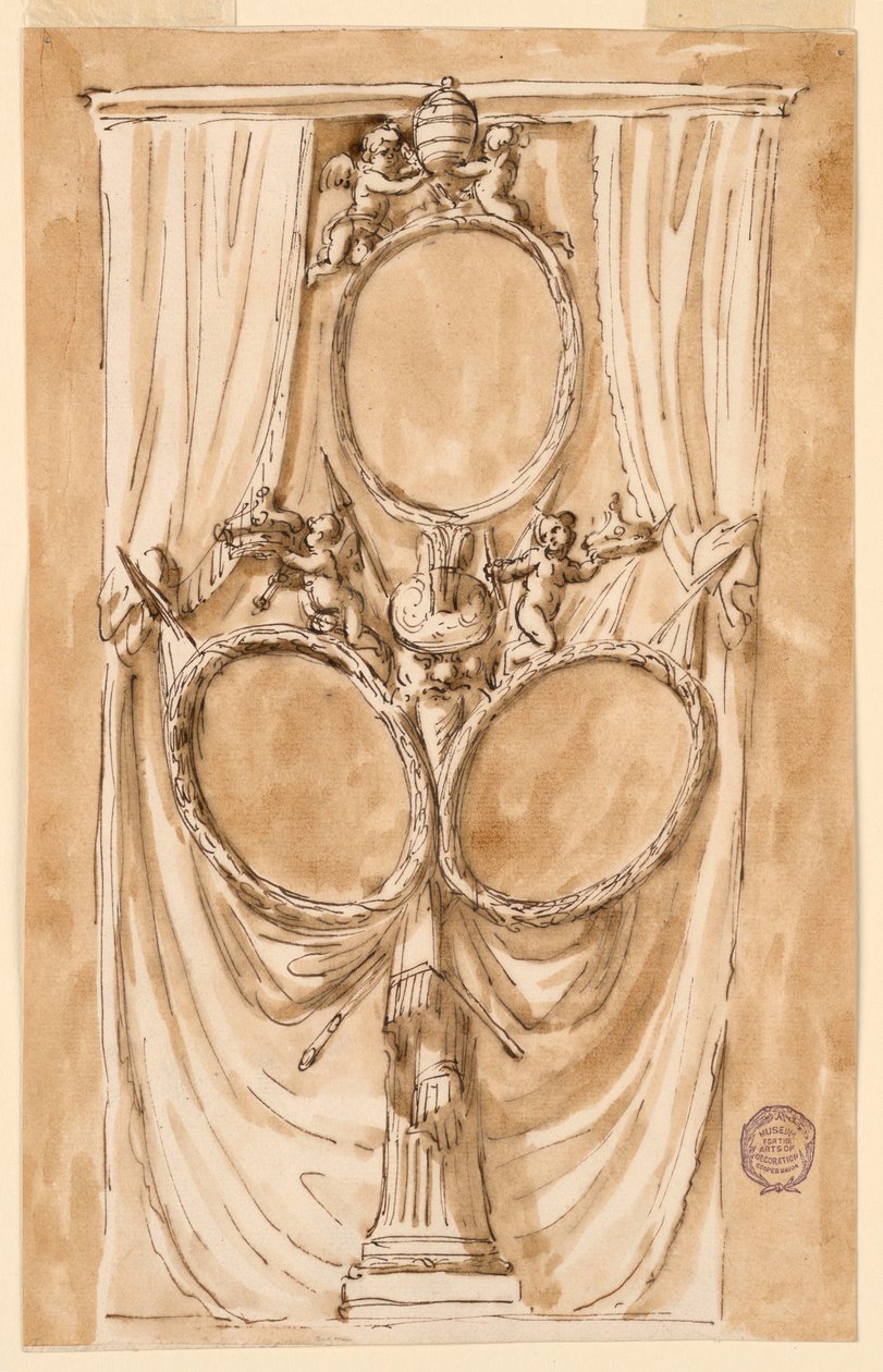 Teckning, Dekoration till porträtt av påven Pius VI och kungaparet, ca 1790 av Unknown artistUnknown artist