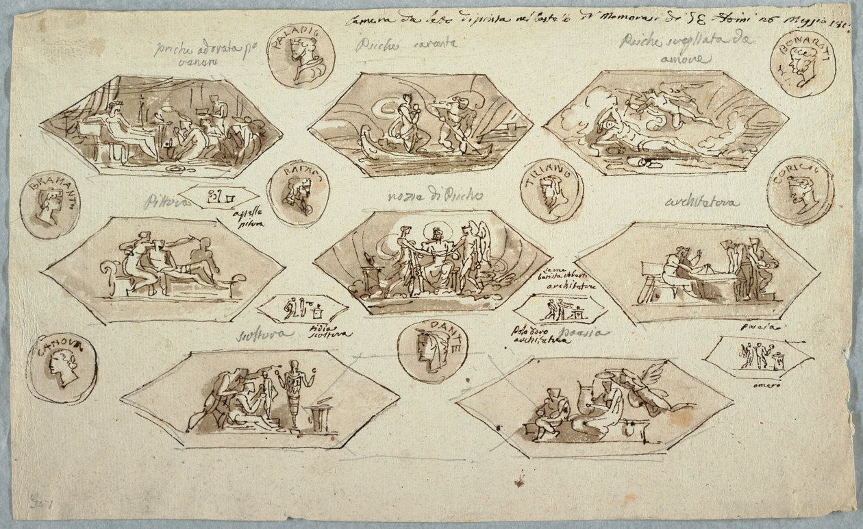 Ritning, Dekoration till taket i ett sovrum i Villa Aldini, Montmorency, 1813 av Unknown artistUnknown artist