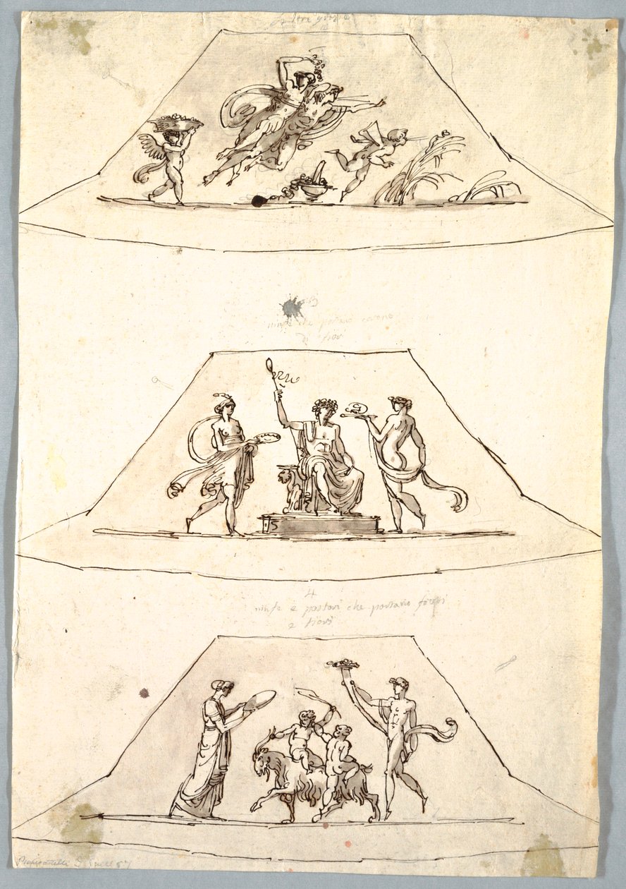 Teckning, Dekorativt projekt: Tre trapezoider med Flora och Zefiro, ca 1815 av Unknown artistUnknown artist