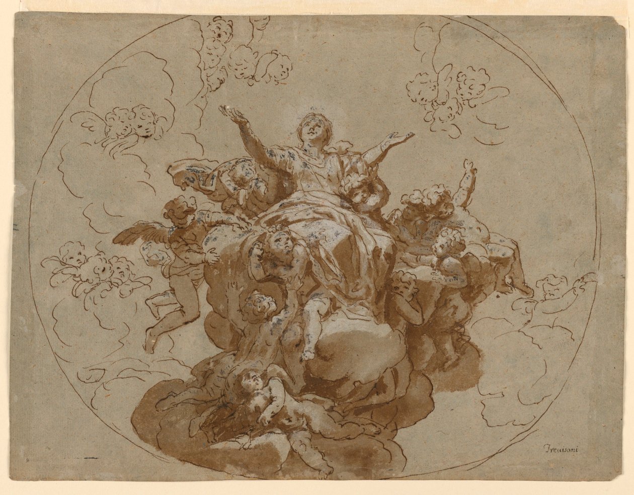 Ritning, Förslag till tak med Jungfru Marie himmelsfärd, 1700-1730 av Unknown artistUnknown artist