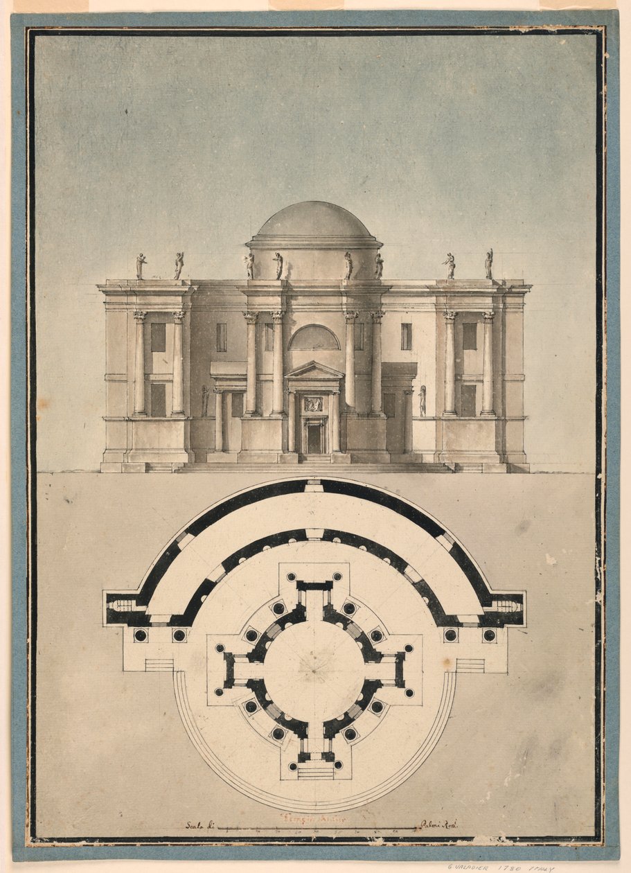 Ritning, Förslag till ett klassiskt tempel med tempietto och halvcirkelformad aedikula, ca 1780 av Unknown artistUnknown artist