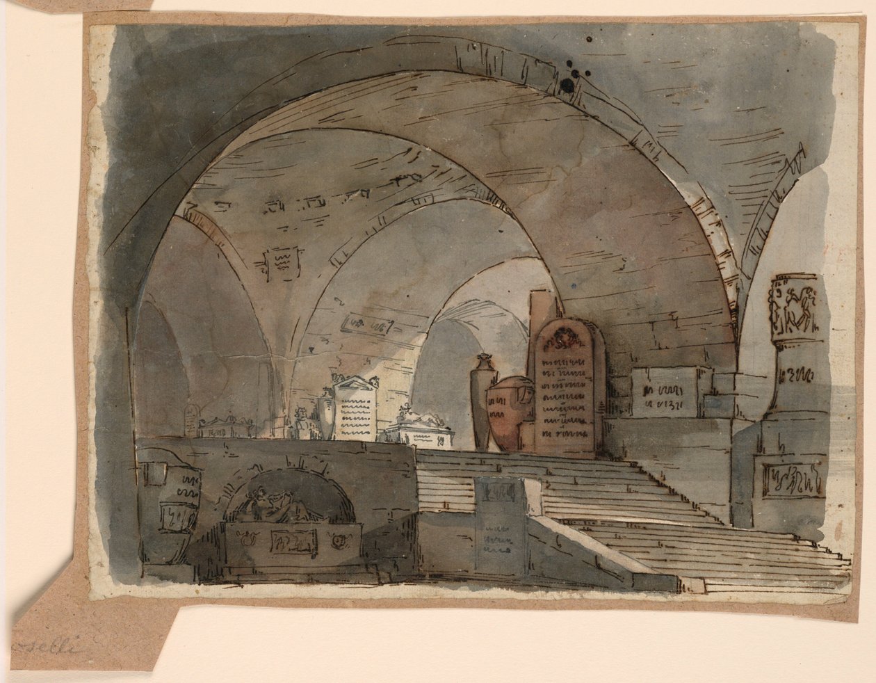 Teckning, scenografi, underjordiskt valvrum med gravar, tidigt 1800-tal av Unknown artistUnknown artist