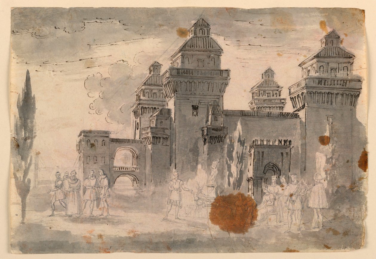 Ritning, scenografi, vy över slottet, 1810-1820 av Unknown artistUnknown artist