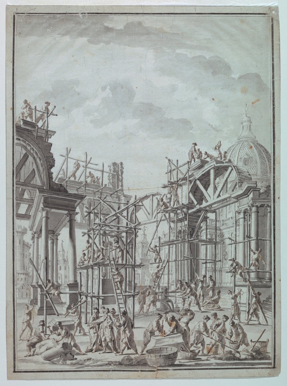 Ritning, Arbetare bygger arkader, ca 1740 av Unknown artistUnknown artist