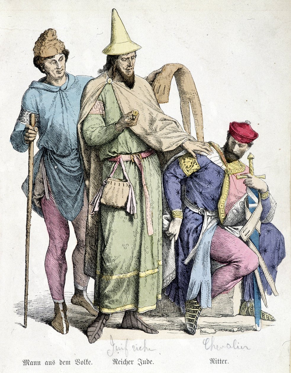 1000-talsdräkter: Mannen med käppen, den rike juden och riddaren. Gravyr av 1800-talet. av Unknown artist