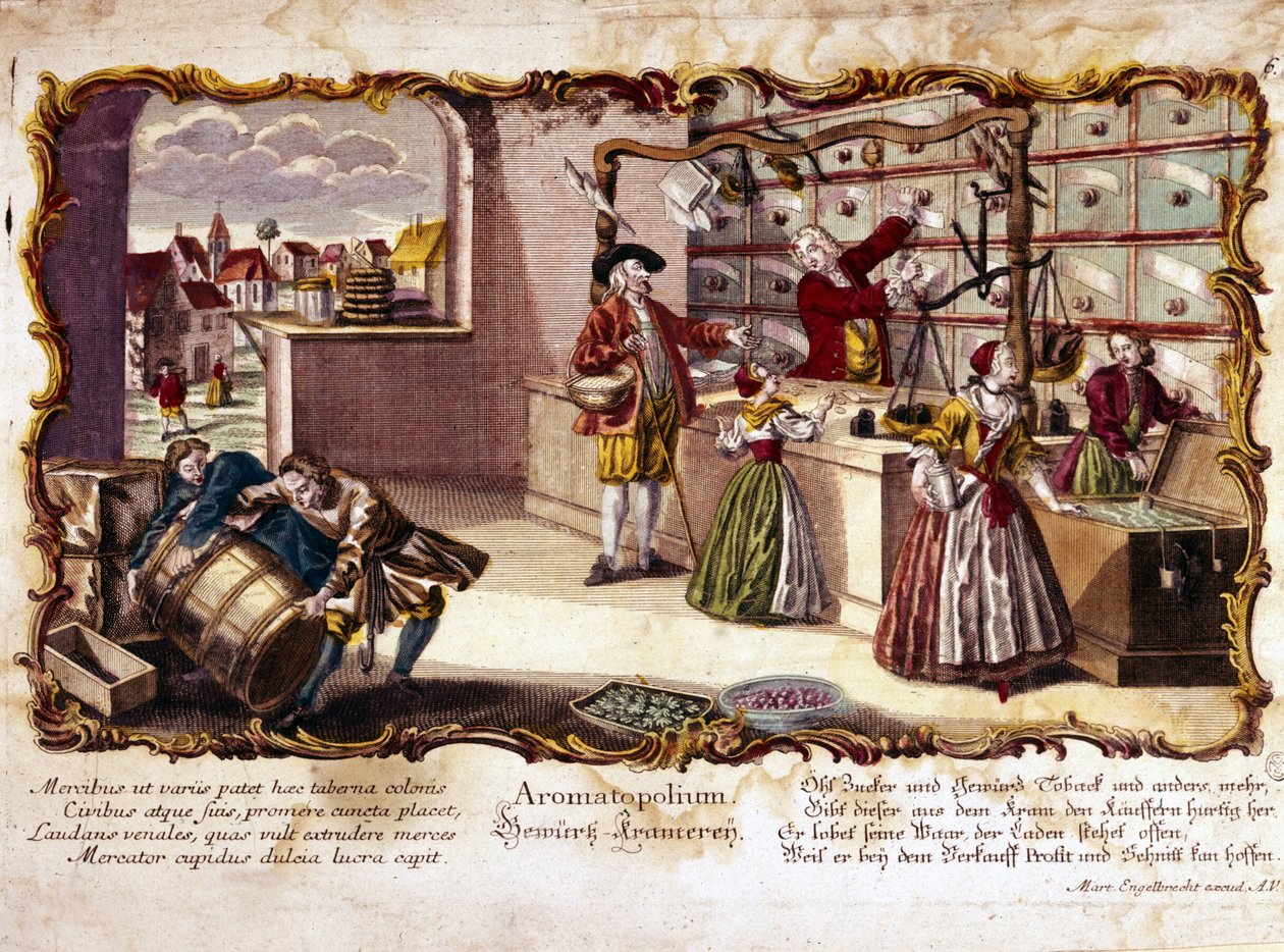 1700-talsgravyr föreställande ett parfymeri. av Unknown artist