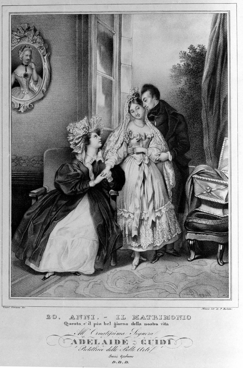 20 år: äktenskap. Representation av ett par nygifta. 1800-tals litografi. av Unknown artist