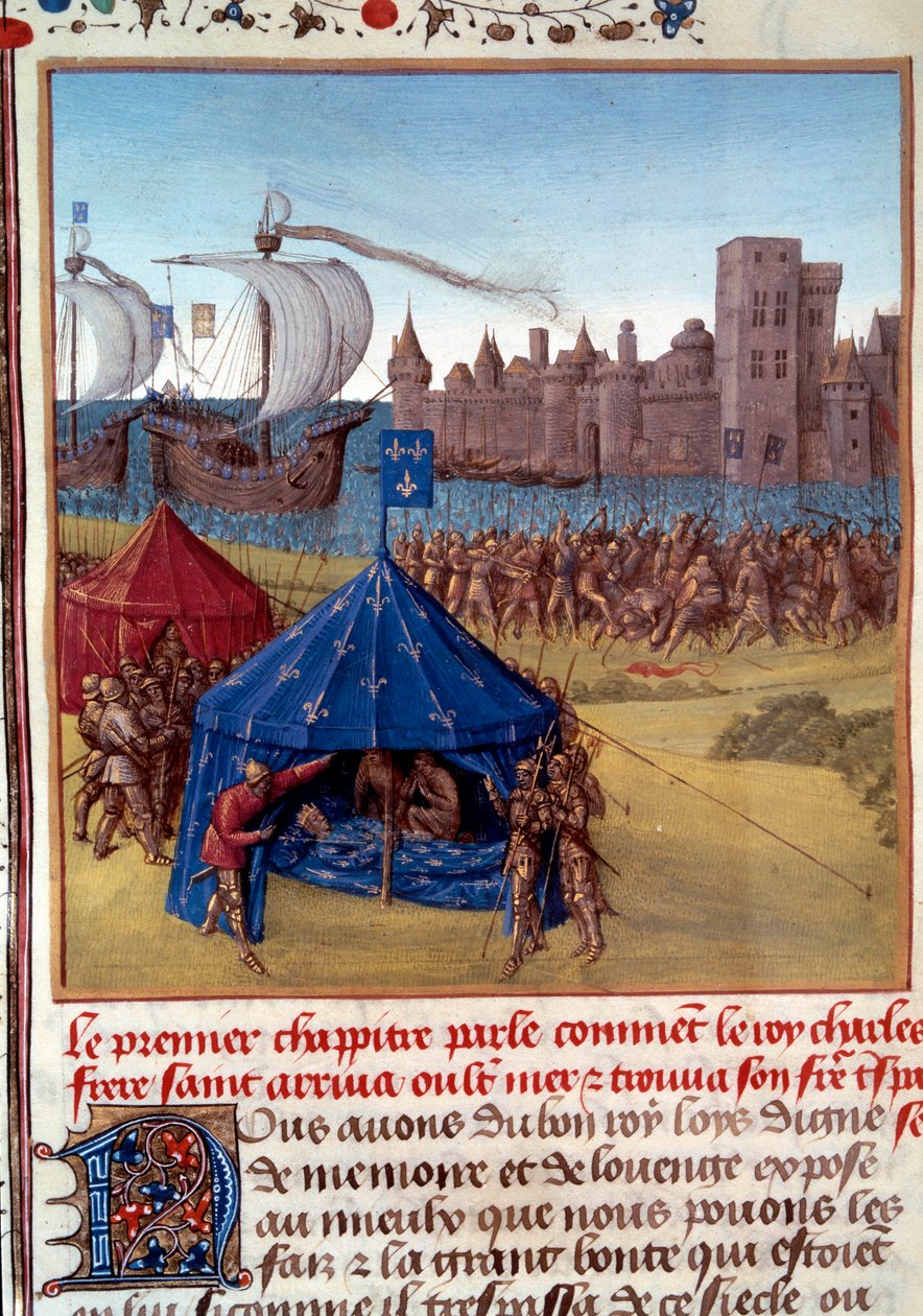 8:e korståget: Saint Louis (Louis IX) (1214/1215-1270) död från pesten i Tunis. Miniatyr hämtad från "" Le livre des faits de Monseigneur Saint Louis""" 1400-talets Paris, B.N. av Unknown artist
