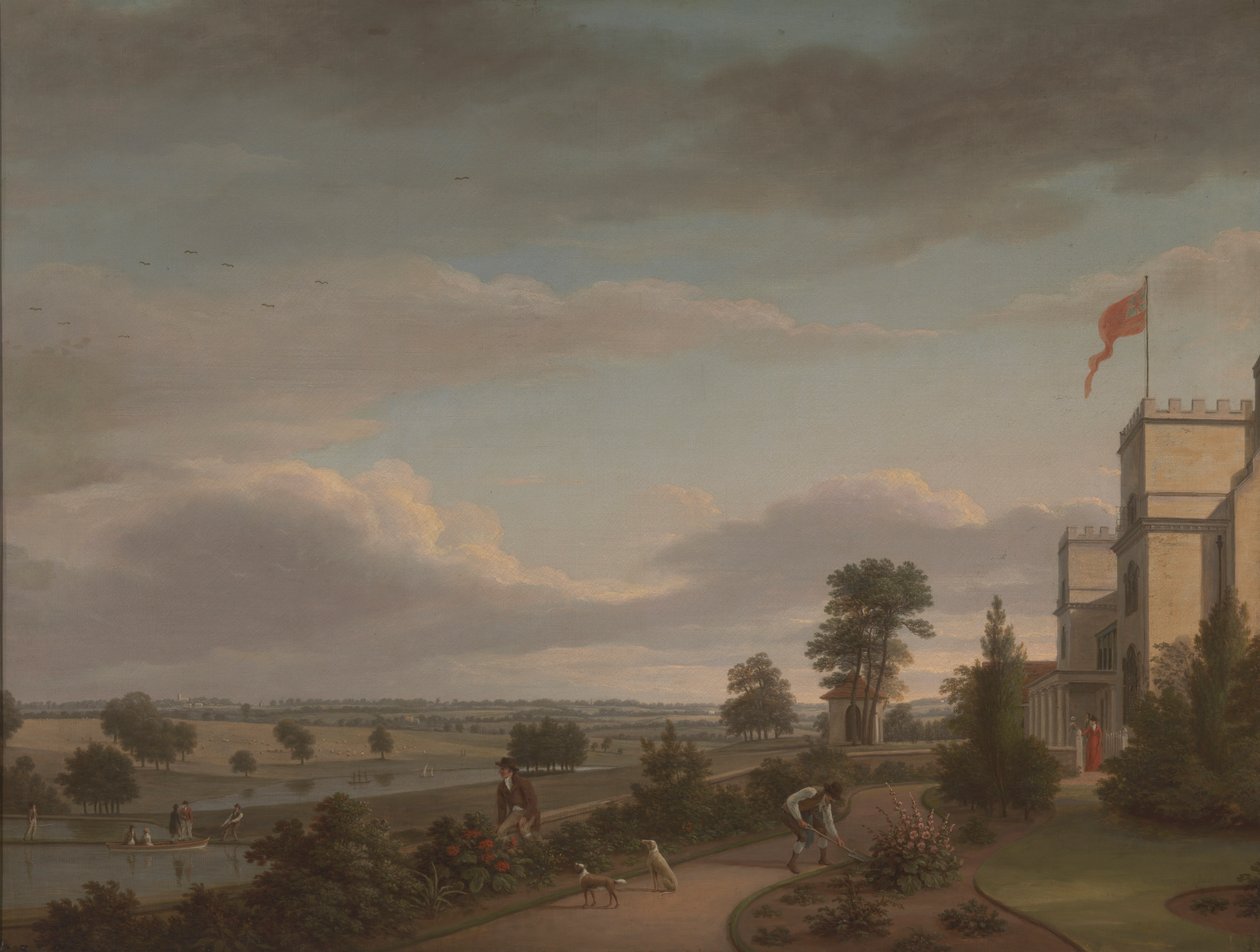 Ett hus på landet i ett flodlandskap, tidigare identifierat som Oatlands av Unknown artist