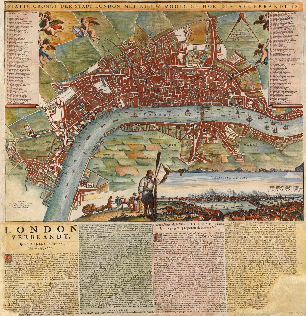 En holländsk karta som visar områden som förstördes av den stora branden i London av Unknown artist