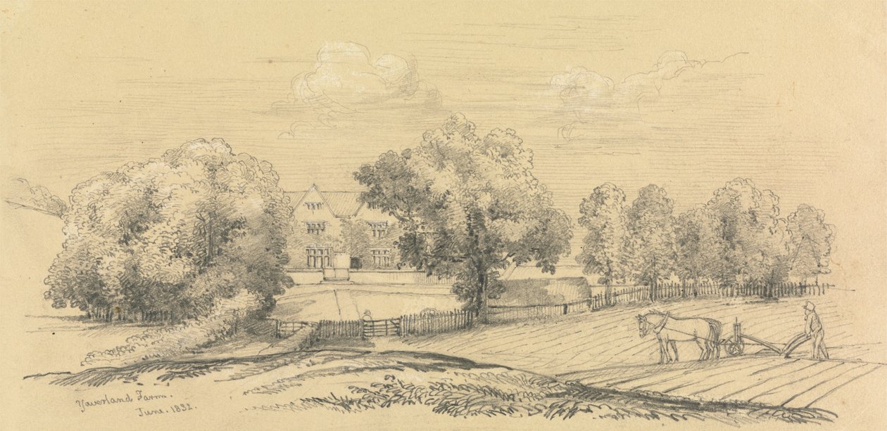 En gård med bonden och hans häst och plog i förgrunden av Unknown artist