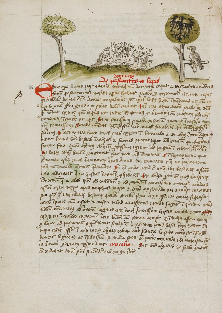 En flock fåglar under ett träd med en kronad örn med en heraldisk blasonering på vingarna av Unknown artist