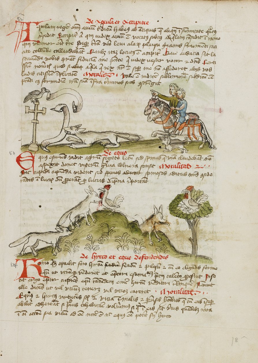 En räv som hotar en fågel som sitter på ett vägkors och två ryttare som pekar på platsen; en räv som springer och fångar en höna; en höna i ett träd ovanför en räv av Unknown artist