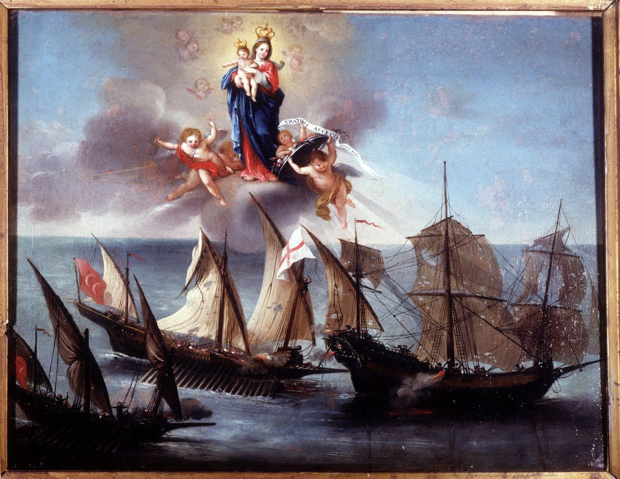 En Genuabåt attackerad av en galiot och en barbar halvgalär. Ex-voto 1796. Sjömuseet i Genua-Pegli. av Unknown artist