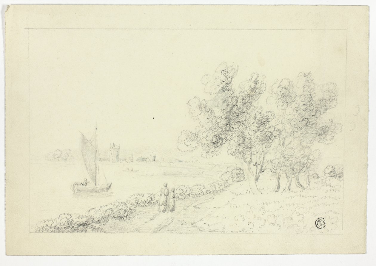 En hamn med en segelbåt av Unknown artist