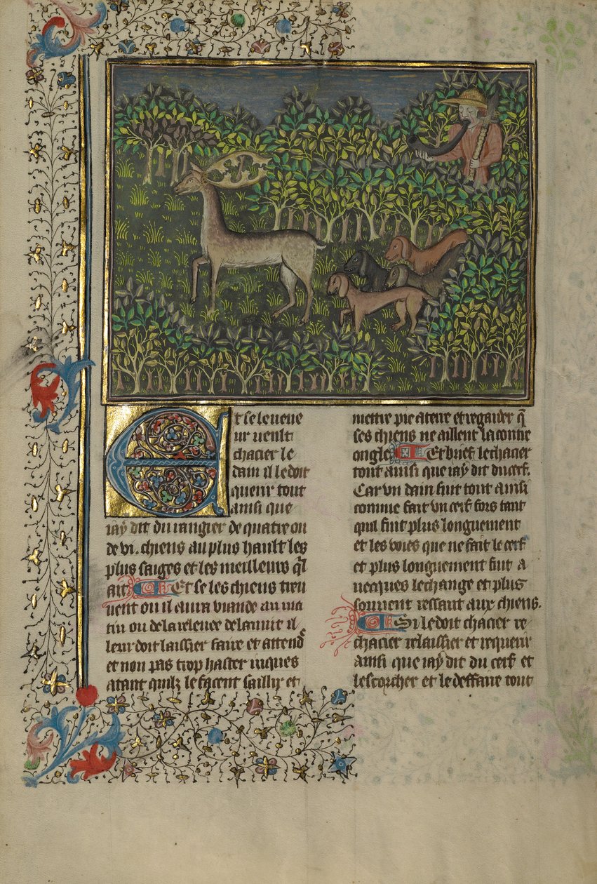 En jägare och hundar som förföljer en dovhjort av Unknown artist